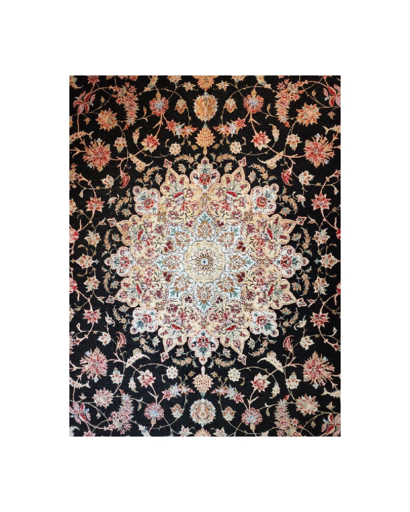 Handmade Black Persian Isfahan Silk and Wool Rug 321229